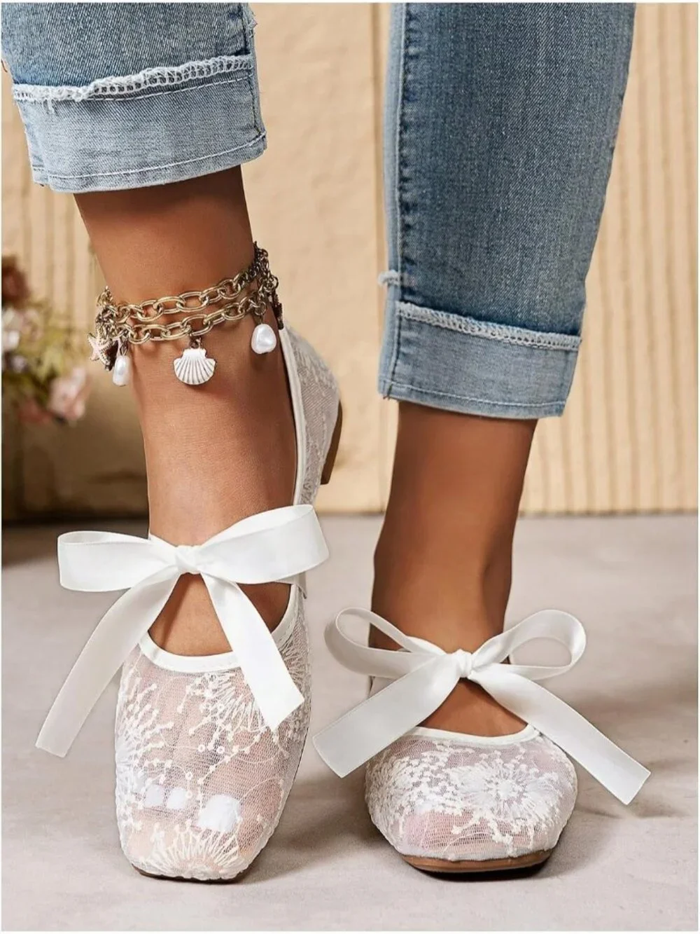 Women's White Flower Floral Lace Mesh Ballet Flats Square Toe Bow Dress Shoes